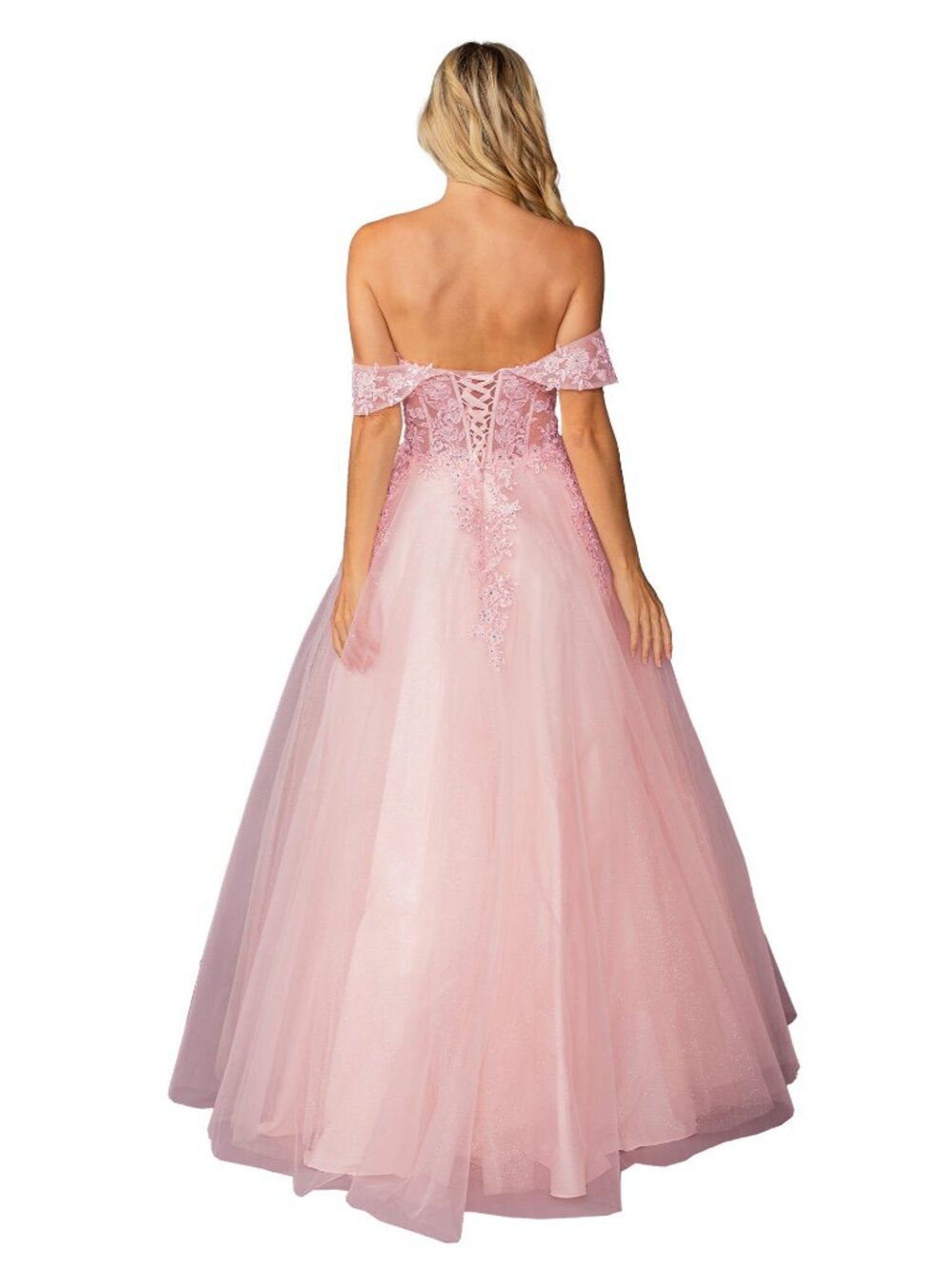 NEW BLUSH Lace & Mesh Off Shoulder Prom Gown Floor Length With Slit 4429